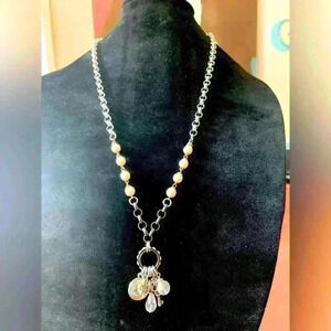 Long bohemian charm necklace, silver tone, faux pearls, boho girl crystals  28”